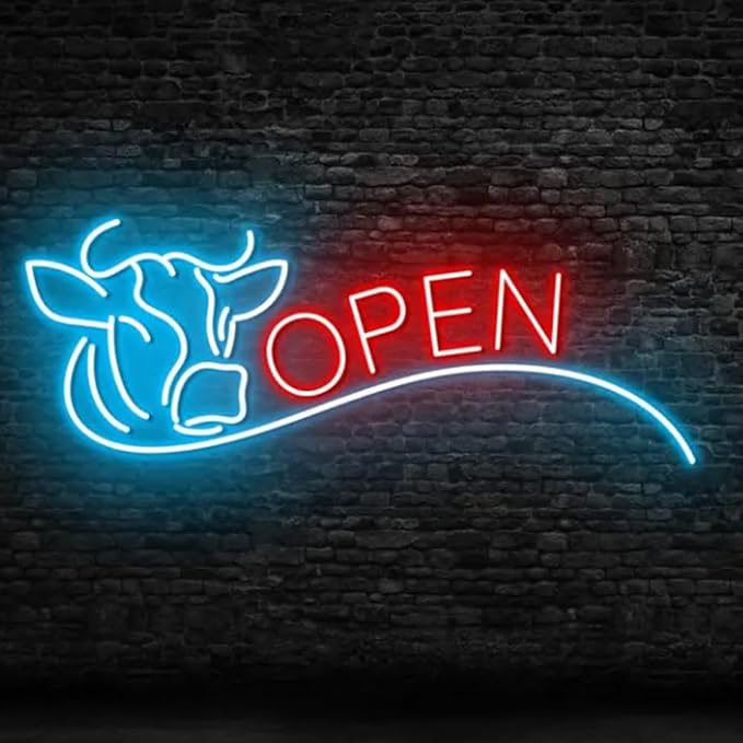 Cow Butcher Shop Neon Sign, Butcher Shop LED Light, BBQ Restaurant Wall Sign, Custom Butcher Storefront Decor Size:20in