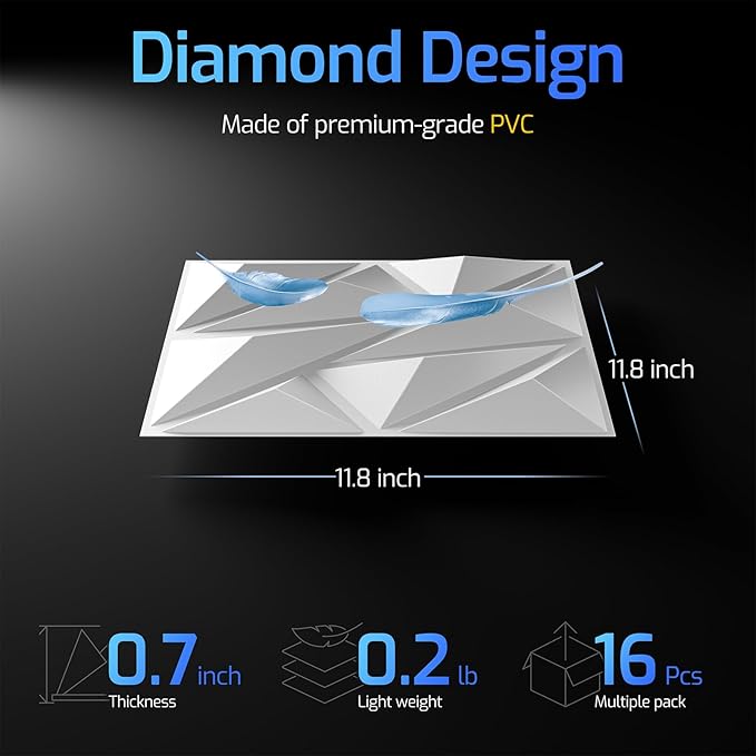 16 Pack White 3D Wall Panels for Interior Wall Decor, 11.8'' x 11.8'' Decorative Wall Panels, Accent Wall Panels, 3D Diamond Design Wall Decor for Living Room, Bedroom, Gaming Room