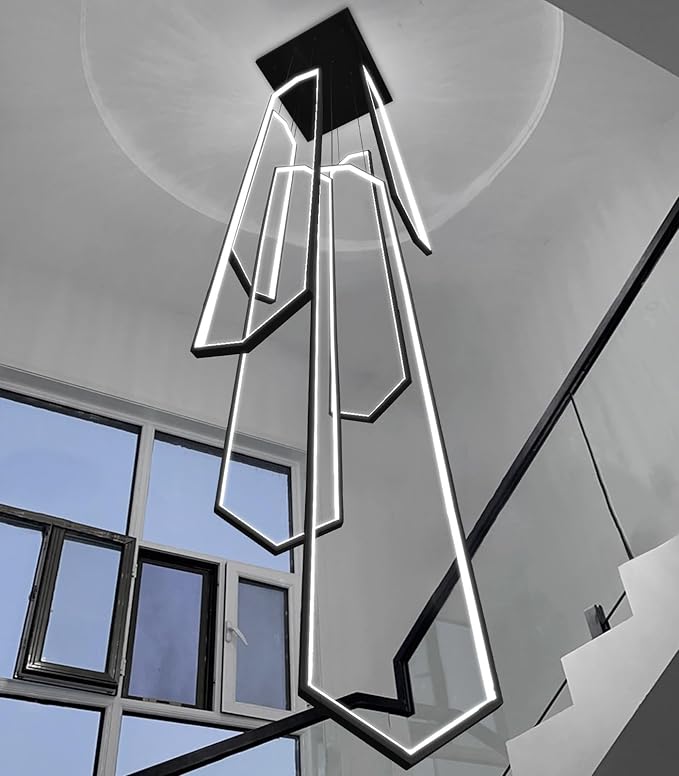 6 Rings Large Chandelier for Staircase Modern High Ceiling Chandelier LED Dimmable Chandeliers for Foyer Living Room Villa Black