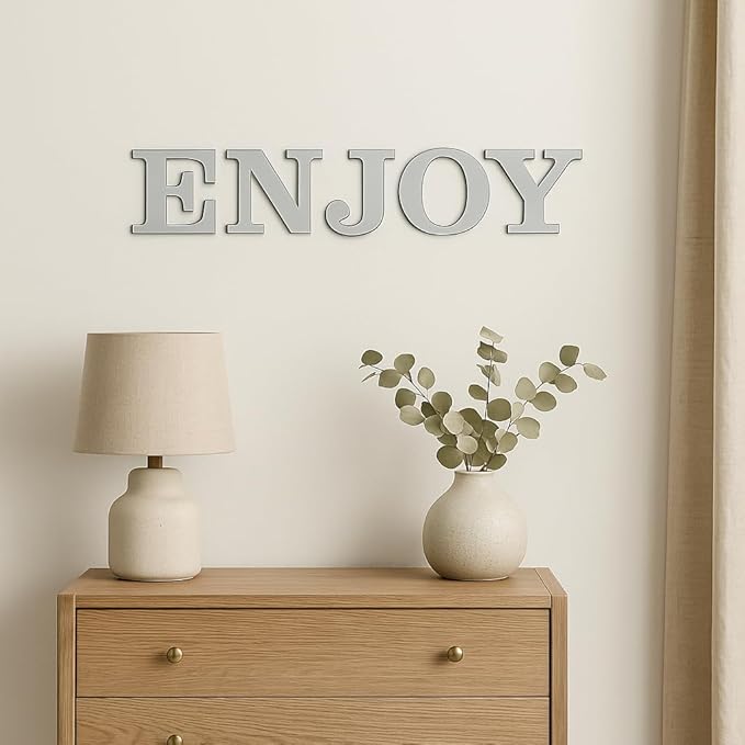 BugyBagy Acrylic Wall Mirror Collection – Silver Plexiglass Decorative Mirrors – Modern Peel-and-Stick Shatter-Resistant Wall Décor for Nursery, Bedroom & Living Room (1, Enjoy)