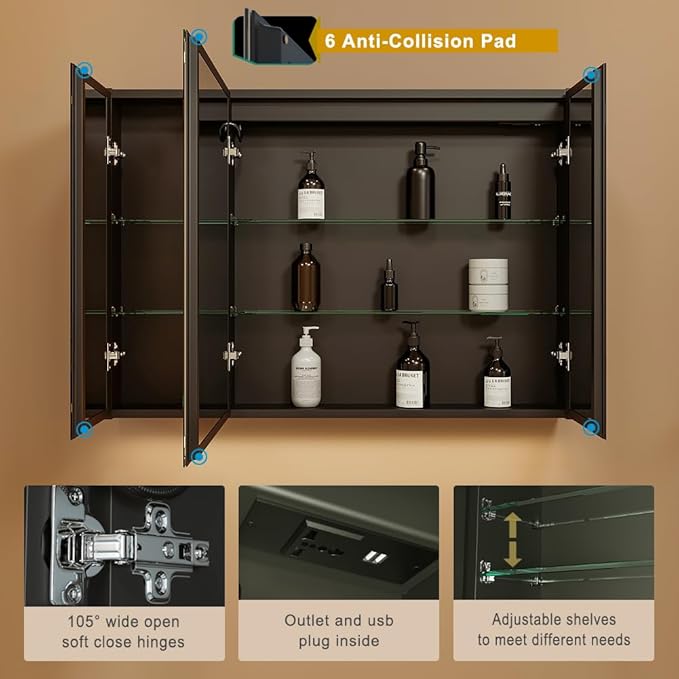 KWW LED Lighted Bathroom Medicine Cabinet with Sockets & USBs, Defogger, Dimmable, 3 Color Light Makeup Mirror, Easy to Install, Wall Mounted Cabinet (Three-Door, 40 * 28)