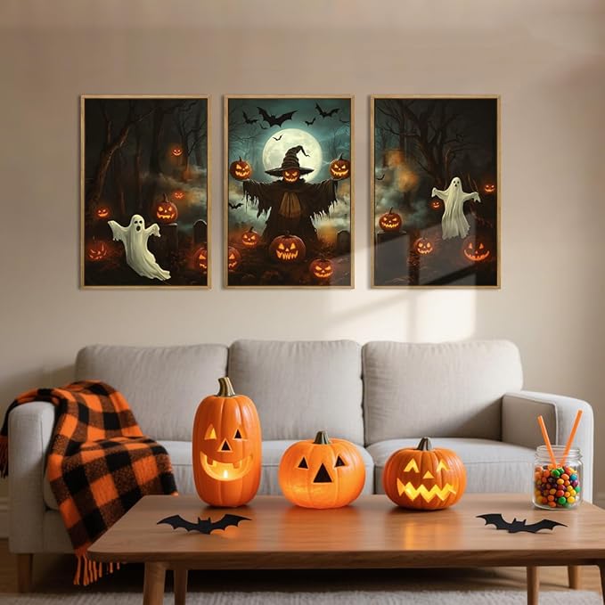 Anyzal Halloween Ghost Wall Art Spooky Pumpkin Wall Decor Dark Forest Artwork for Living Room Bedroom Dining Room16x24 Inch Set of 3