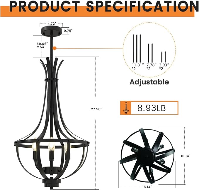 Black Chandelier, 6-Light Dining Room Light Fixture, Farmhouse Kitchen Island Lighting, Modern Kitchen Chandeliers Over Table, Hanging Pendant Lights for Living Room, Bedroom, Foyer, Staircase, Entry