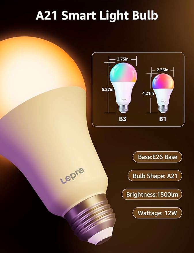 Lepro B3 AI Smart Light Bulbs - 1500LM 100W Equivalent A21 Bulb, WiFi & Bluetooth RGBWW Color Changing, Works with Alexa & Google Assistant, AI Voice Control by App, Music Sync, 2.4GHz Only (4 Pack)
