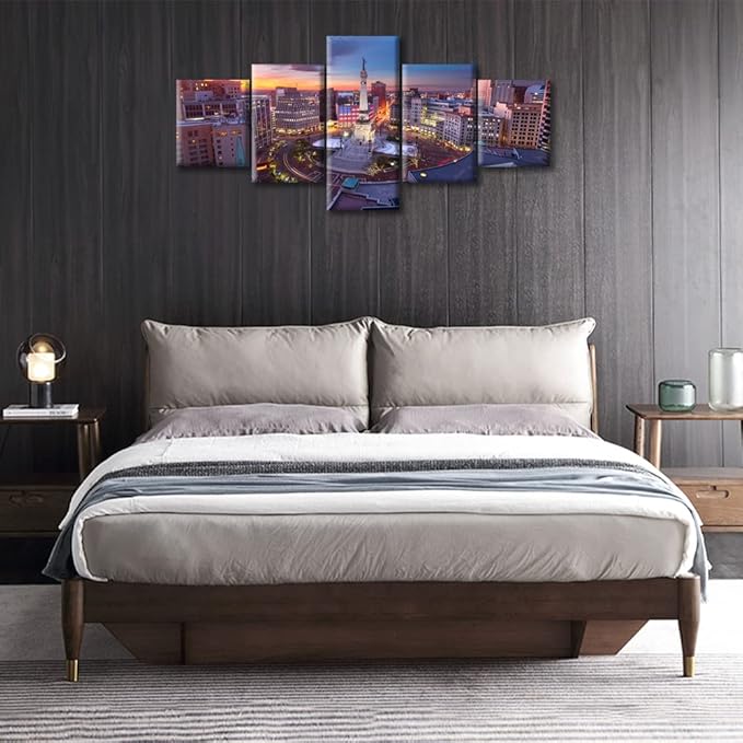 5 Panel Home Decor Skyline at the American Monument in Indianapolis Wall Art Indianapoli Dusk Urban Landscape Pictures Wall Decorations for Living Room Print on Canvas Ready to Hang (50"Wx24"H)