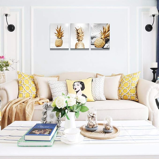 Canvas Wall Art For Bar Kitchen Living Room Office Bathroom Home Decoration Board Black And White Beach Scenery Golden Pineapple Pictures Artwork Restaurant Wall Decor Ready To Hang 20x28inch 3 Piece