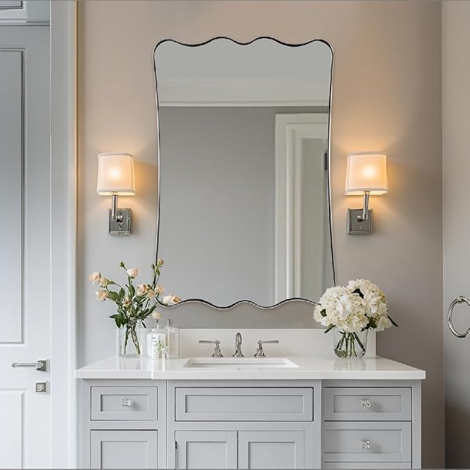 ANDY STAR Brushed Nickel Scalloped Rectangle Mirror, 24x36 Wavy Bathroom Mirror for Vanity, Asymmetrical Shaped for Entryway, Bedroom, Decor, Anti-Rust Stainless Steel Frame