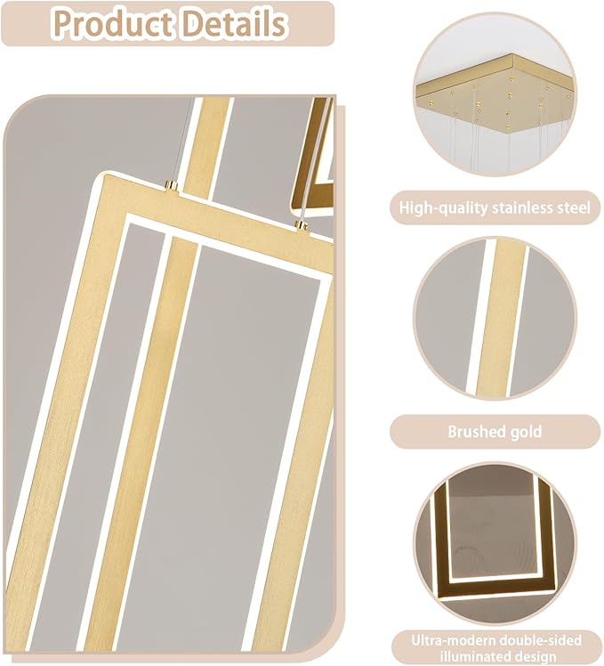 6-Rings Modern Chandelier,H138 Rectangle Chandeliers for Staircase,LED Dimmable High Ceiling Chandeliers Large Contemporary Chandelier for Villa Foyer Gold