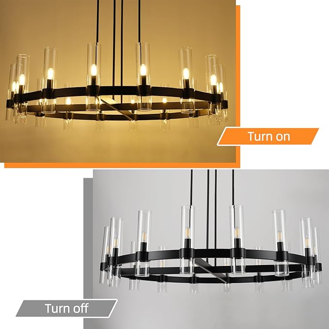 Modern 48" Black Wagon Wheel Chandelier, Black Farmhouse Chandeliers for Dining Room,16-Light Round Living Room Chandelier with Glass Tube for Bedroom,Staircase, Foyer, Entryway, Includes Bulbs