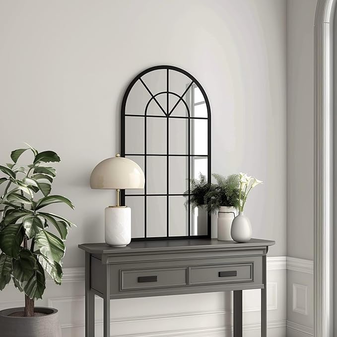 Arch Wall Mirror Mounted Decorative, 24"x42", Arched Window Pane Mirror for Wall-Mounted for Entryway, Bathroom Vanity, Living Room or Bedroom, Iron Frame, Black