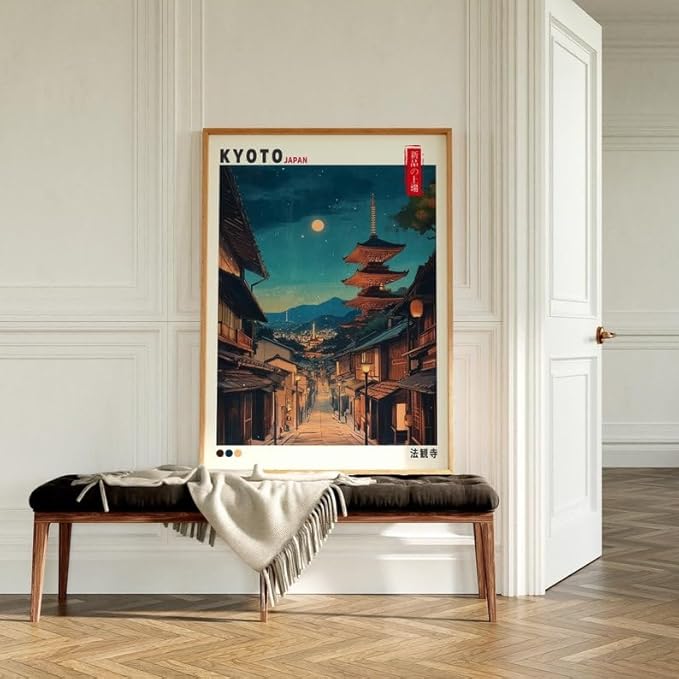 Nationcog Kyoto Japan Poster, Hokan-ji Temple Pagoda Wall Art Print, Vintage Japanese Night Street Landscape, Japandi Style Travel Decor for Bedroom or Living Room (Unframed) (20x30)