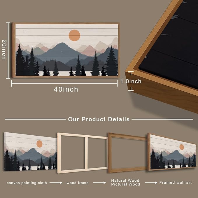 Anyzal Large Framed Serene Mountain Range Canvas Wall Art Boho Sunset forest Lake Wall Decor Abstract Nature Wilderness Art Print for Bedroom Living room Office Large 20x40 Inch