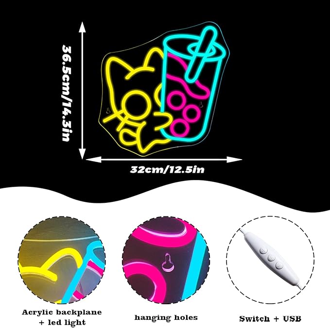 Looklight Cat Boba Tea Neon Sign Yellow Cute Kitty Bubble Tea Neon Signs for Wall Decor LED Neon Light Bar Sign Light Up Signs for Dimsum Store Bar Milk Tea Shop