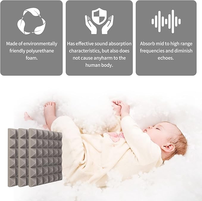 Musfunny Sound Proof Foam Panels, 12 Pcs 2" x 12" x 12" Acoustic Foam Panels Sound Absorbing Wall Panels for Studio Recording Office Home Studio (Gray)