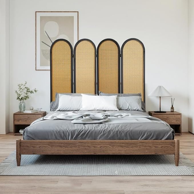 4 Panel Rattan Room Divier, Room Divider Panel and Folding Privacy Screens, Room Divider Wall, Solid Wood Frame, Partition Room Dividers, Bedroom, Dining Room, Lounge, Black