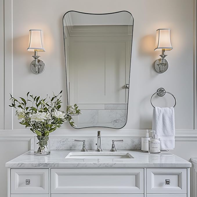 ANDY STAR 24x40 Inch Asymmetrical Mirror, Brushed Nickel Bathroom Mirror, Large Bathroom Mirror for Vanity, Anti-Rust Stainless Steel 1’’ Metal Frame, Italian Style Designer Mirror