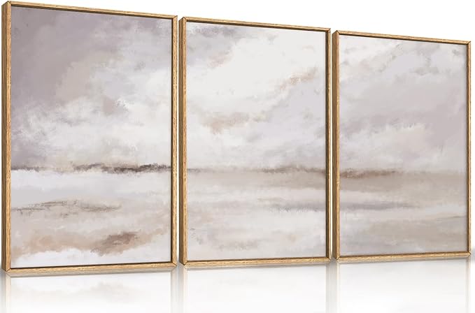 Large Neutral Abstract Framed Canvas Wall Art Set,Minimalist Gray and Beige Pastel Wall Decor,Modern Nature Misty Textured Art Painting for Living Room,Bedroom-16 x24 x3