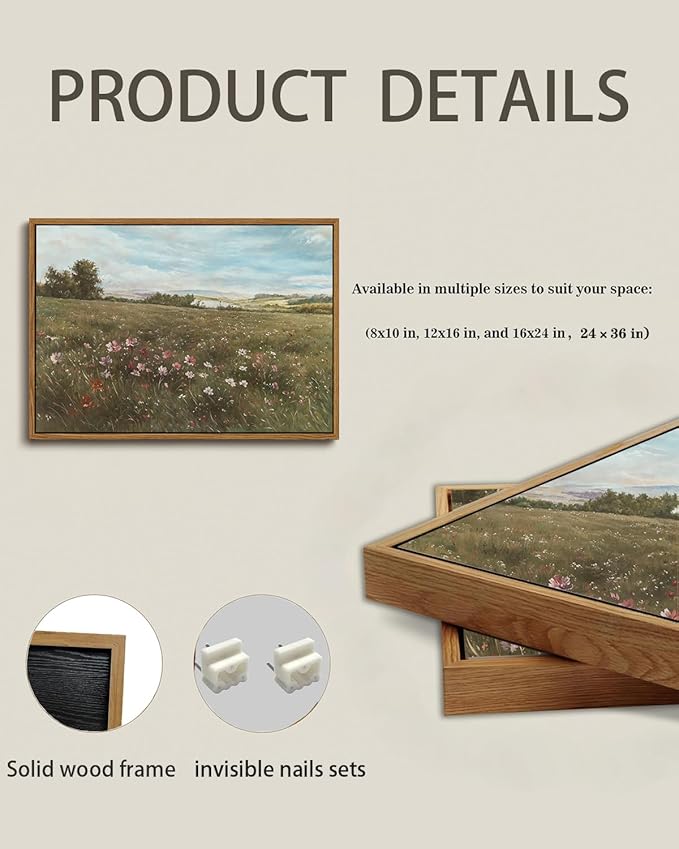 KISSFOX Vintage Landscape Canvas Wall Art Farmhouse Colorful Wildflower Meadow Framed Wall Art Summer Natural Serene Countryside Paintings Artwork Rustic Art Prints For Bedroom Bathroom Living Room