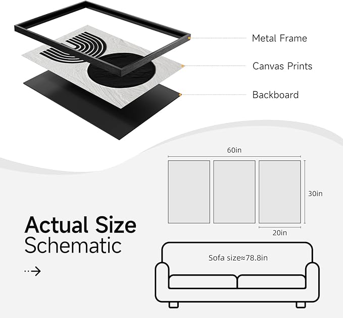 Large Framed Black and White Abstract Wall Art, Set of 3 Piece Boho Minimalist Canvas Paintings ArtWork for Walls, Modern Geometric Art Prints Pictures Wall Decor for Office Hallway - Total 30x60 Inch