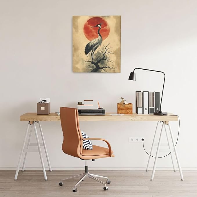 Japanese Crane Wall Art Oriental Asian Wall Decor Sandhill Crane Canvas Pictures Paintings Prints Japan Traditional Aesthetic Artwork Framed Chinese Decorations For Bedroom Living Room Office Gifts 20" x 24"