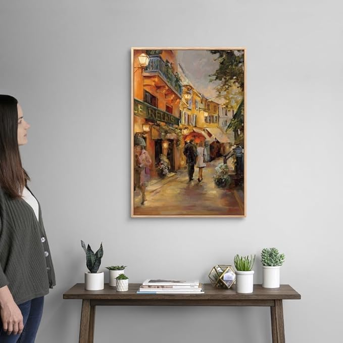 CANVAS ON DEMAND Evening in Paris Natural Wood Float Framed Canvas Wall Art Print by Marilyn Hageman, Traditional, Home Decor, Street Scene Artwork, Nature Artwork, 20" x30in