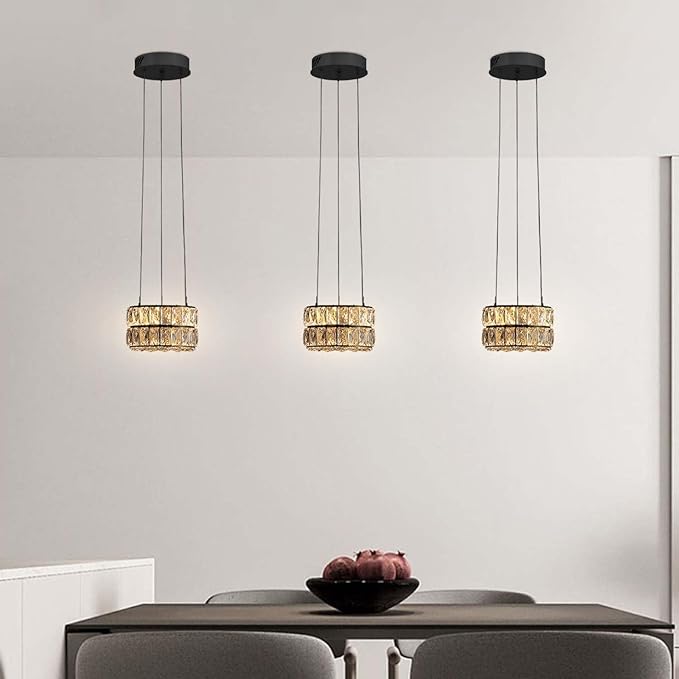 Led Ring Crystal Chandelier, Modern Dimmable Chandeliers Lighting and Hanging Adjustable 7.8'' Black LED Round Ceiling Light Fixtures for Dining Room Living Room
