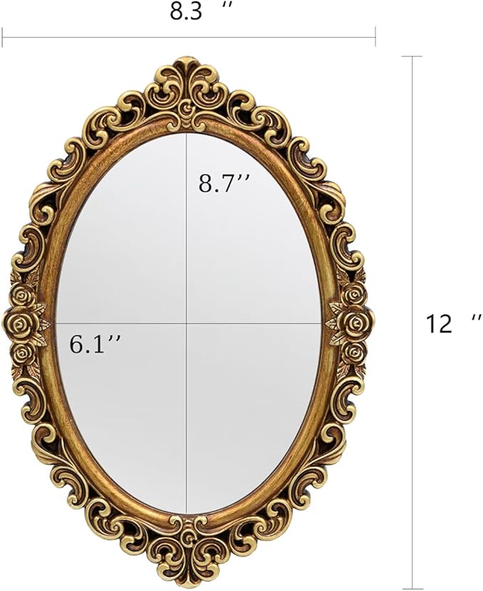 OIGUMR Oval Smallest Wall Mirror Resin Frame Size：12 x 8.3 inch Mirror Vintage Hanging Mirrors for Bedroom Living-Room Dresser Decor Gold