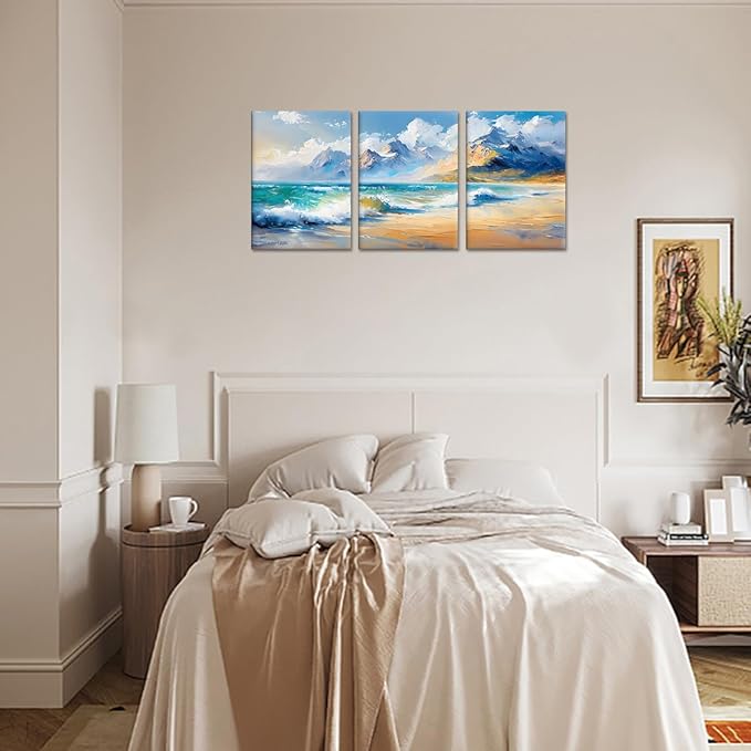 MAMAGO Ocean Beach Wall Decor 3 Pieces Modern Natural Seascape Canvas Print Oil Painting Coastal Aesthetic Artwork for Apartment Dormitory Nursery Wall Art Framed Easy to Hang-20”x28”x3pcs