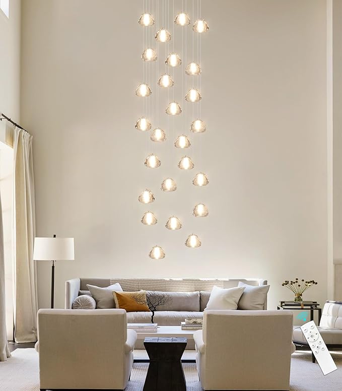 25-Lights Modern Chandeliers for High Ceiling Large Crystal Chandeliers LED Long Handing Light Fixture for Hallway Foyer Staircase 3000K