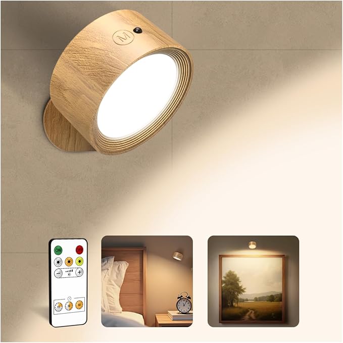 LED Wall Mounted Lights, Rechargeable Wall Sconces Lamp, 3 Color Temps & Remote and Touch, 360°Rotation Dimmable Cordless Wall Light for Study Bedroom Reading Bedside(Wood, 1 Pack)