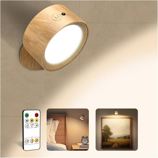LED Wall Mounted Lights, Rechargeable Wall Sconces Lamp, 3 Color Temps & Remote and Touch, 360°Rotation Dimmable Cordless Wall Light for Study Bedroom Reading Bedside(Wood, 1 Pack)