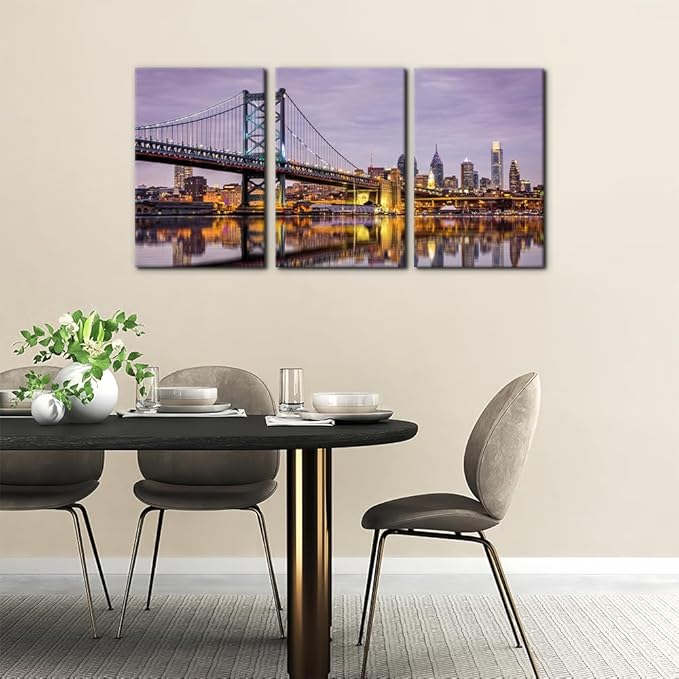 Pacimo Canvas Wall Art Ben Franklin Bridge Skyline Modern Home Decor Philadelphia Cityscape Picture Prints Modern Artwork for Wall Decor Stretch and Framed Ready to Hang - 16"x24"x3 Panels