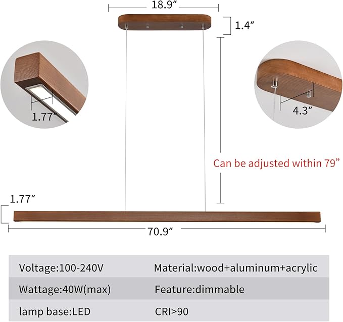 71" Wood Linear Pendant Light Modern LED Dimmable Ceiling Hanging Light Fixtures Wood Linear Chandeliers 40w for Dining Room Kitchen Island Pool Table Bar Walnut Color