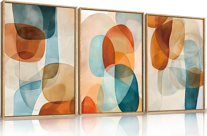 Large Abstract Color Block Framed Canvas Wall Art,Boho Orange and Blue Ovals Wall Decor,Modern Colorful Shape Artwork,Watercolor Geometric Art Print for Living Room,Bedroom,Office- 16"x24"x3