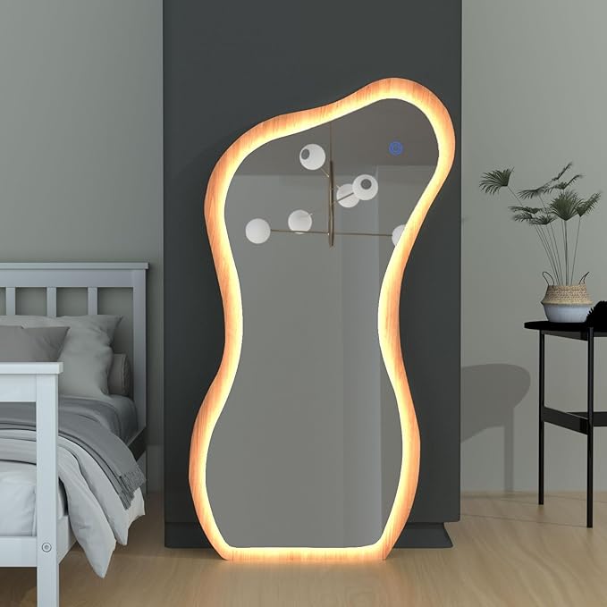 48" x 24" Irregular Led Wood Full Length Mirror with Lights Wavy Floor Mirror,Shatter-Proof Hanging/Leaning Irregular Asymmetrical Wall Mirror Wooden Framed Mirrors for Living Room Bedroom Entryway