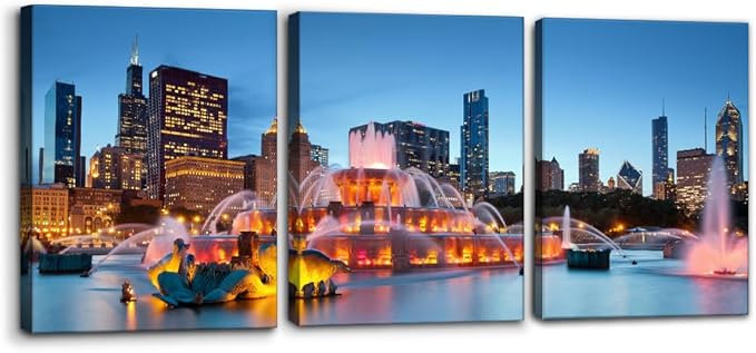 Pacimo Buckingham Fountain Canvas Wall Art Grant Park Skyline Painting Picture Wall Decor Chicago Cityscape Gallery Wrapped Posters Prints Modern Artwork for Living Room Bedroom - 12"x16"x3 Panels