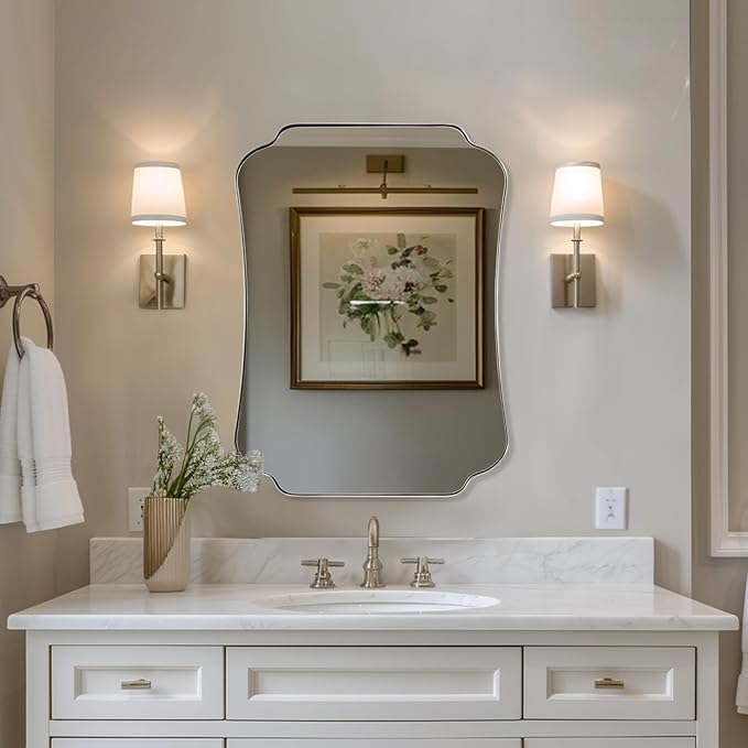 ANDY STAR 24"x32" Brushed Nickel Mirror, Scalloped Bathroom Wall Mirror with Metal Frame for Vanity, Vintage Design Ideal for Entryway, Living Room & Bedroom Decor