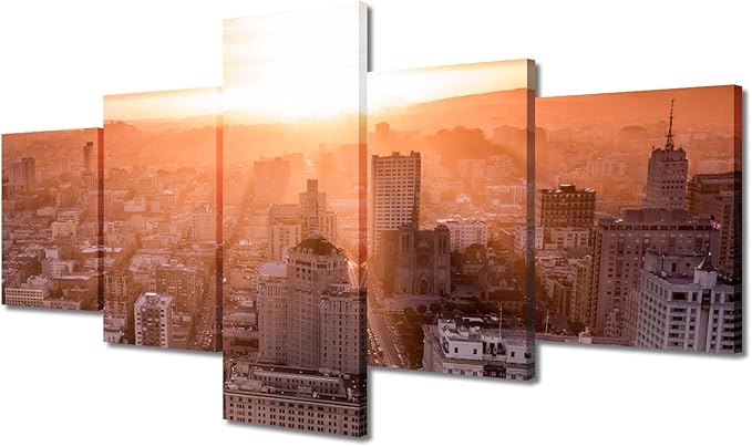 Beautiful California Cityscape Home Decor Posters and Prints California City Skyline Art Prints 5 Piece City Sunset Pictures Canvas Wall Art House Decor Stretched and Framed Ready to Hang (50"Wx24"H)