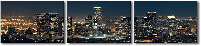 City Skyline Wall Art Cityscape Paintings Modern Decor Los Skyscrapers Night Scene Picture on Canvas for Home Decor Skyline at Dusk Landscape of City Night View Artwork for Living Room 14x60 Inch