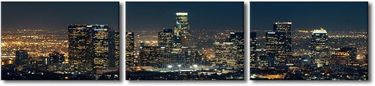 City Skyline Wall Art Cityscape Paintings Modern Decor Los Skyscrapers Night Scene Picture on Canvas for Home Decor Skyline at Dusk Landscape of City Night View Artwork for Living Room 16x72 Inch