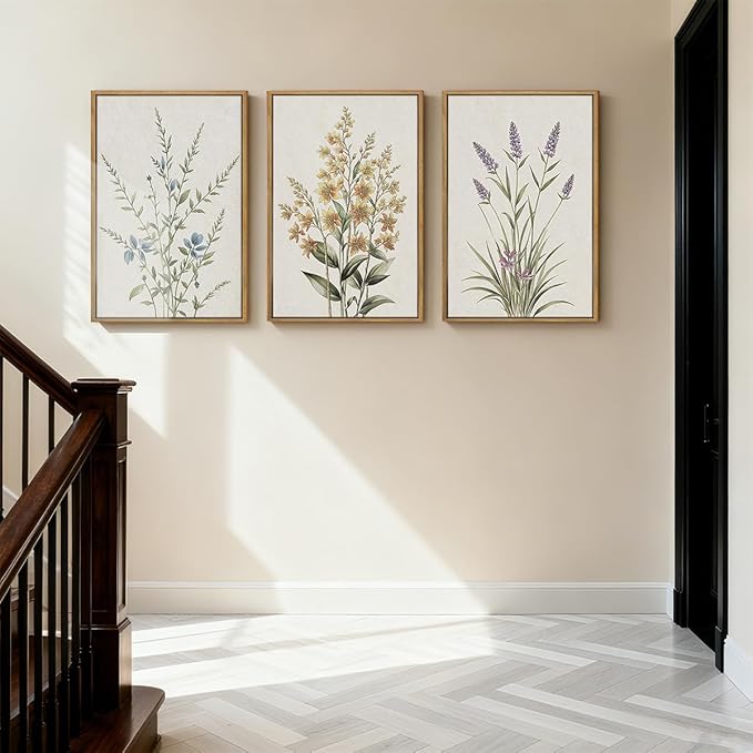 Anyzal Extral Large Neutral Floral Wall Art Beige Botanical Wall Decor Wildflower Painting 24x36 Inch Set of 3 for Living Room Bedroom Dining Room