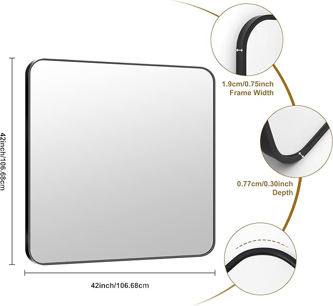 KOCUUY 42"x42" Large Square Vanity Mirror, Black Metal Frame Mirror with Rounded Corner, Modern Design of Upgraded Shatterproof Glass for Bathroom, Bedroom, Living Room, Entryway