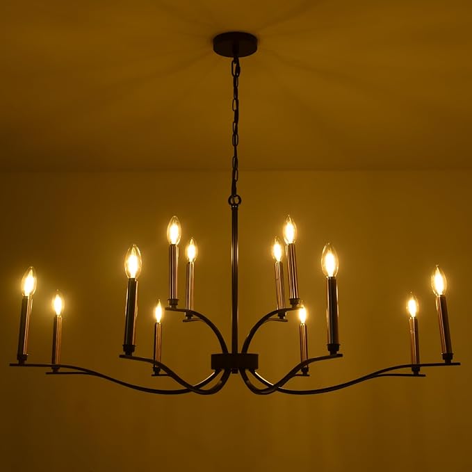 12-Light Black Chandeliers for Dining Room 39" Modern Farmhouse Chandelier Adjustable Height Candle Chandelier for Living Room Kitchen Foyer Entryway Hallway E12 Base
