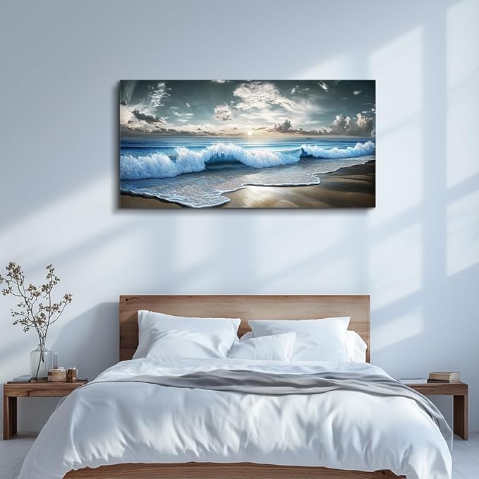 MHARTK66 Blue Ocean Canvas Wall Art Large Paintings For Living Room Landscape Nature Artwork For Walls Wall Decor For Bedroom Beach Pictures Wall Art Modern Office Waves Poster Decorations 24x48