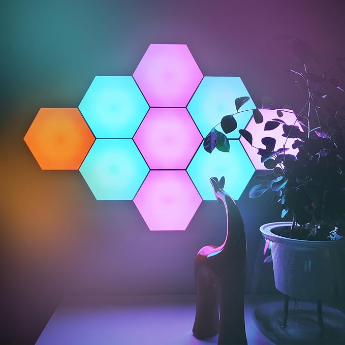 9-Pack Hexagon Lights, Remote and Touch Controlled RGB Wall Light Panels - LED Panels for Living Room, Bedroom, Game Room Decor - Double-Sided Tape and Tabletop Stand Included