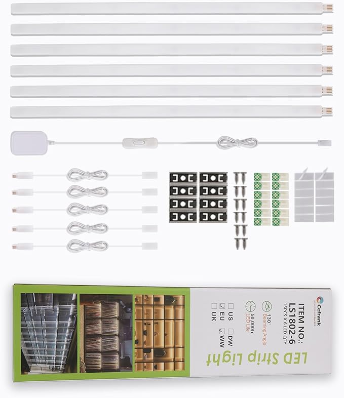 Cefrank Cabinet Lighting 6-Pack 12 inch Seamlessly Linkable Strip Light Bars for Cabinet, Kitchen, Shelf, Workbench, Cupboard Lighting, 1200 Lumen Cold White 6000K