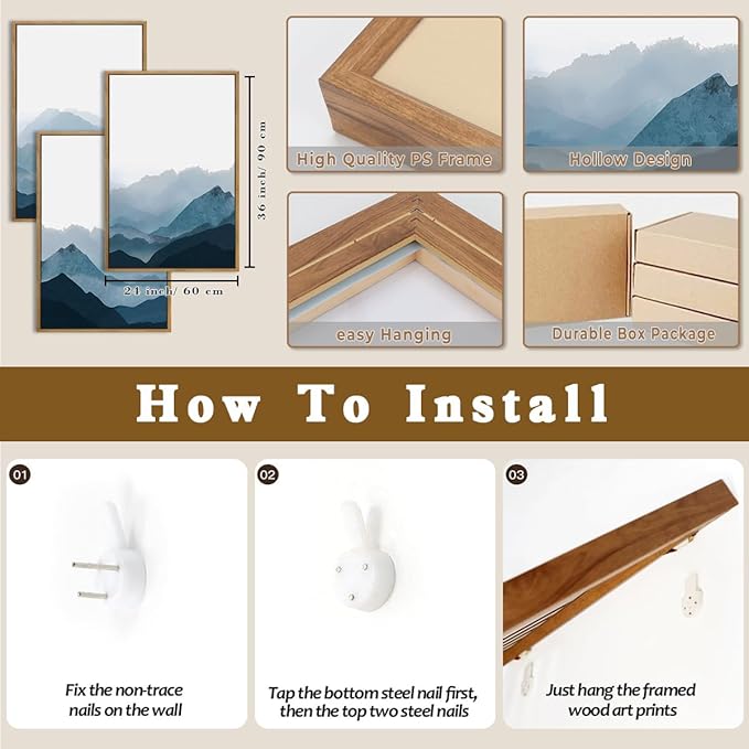 BINCUE Large Blue Mountain Wall Art Fog Blue Ridge Mountains Artwork for Living Room Bedroom Office 24" Lx36 W Set of 3