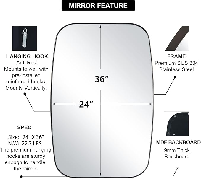 ANDY STAR Bronze Oblong Mirror, 24x36 Inch Brushed Bronze Oval Mirror for Bathroom with Stainless Steel Metal Frame, Wall Mouned for Bathroom, Living Room, Entryway