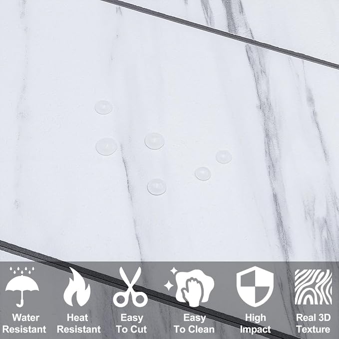 AULIGET 6" x 12" White Marble Peel and Stick Backsplash Wall Tiles, PVC Faux Stone Stick on Tiles for Backsplash Kitchen, Bathroom, Laundry Room, Camper, Fireplace (Pack of 20)