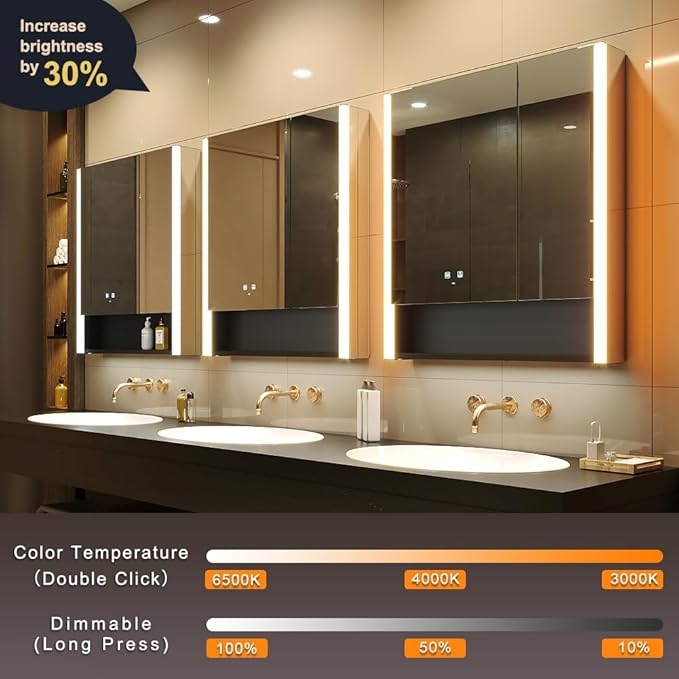 KWW LED Lighted Bathroom Medicine Cabinet with Sockets & USBs, Defogger, Dimmable, 3 Color Light Makeup Mirror, Easy to Install, Wall Mounted Cabinet (Two-Door, 31 * 34)